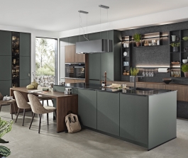 Výhodná nabídka moderní kuchyně S-line v kombinaci minerální zelené a ořechu Výhodná nabídka moderní kuchyně S-line v kombinaci minerální zelené a ořechu